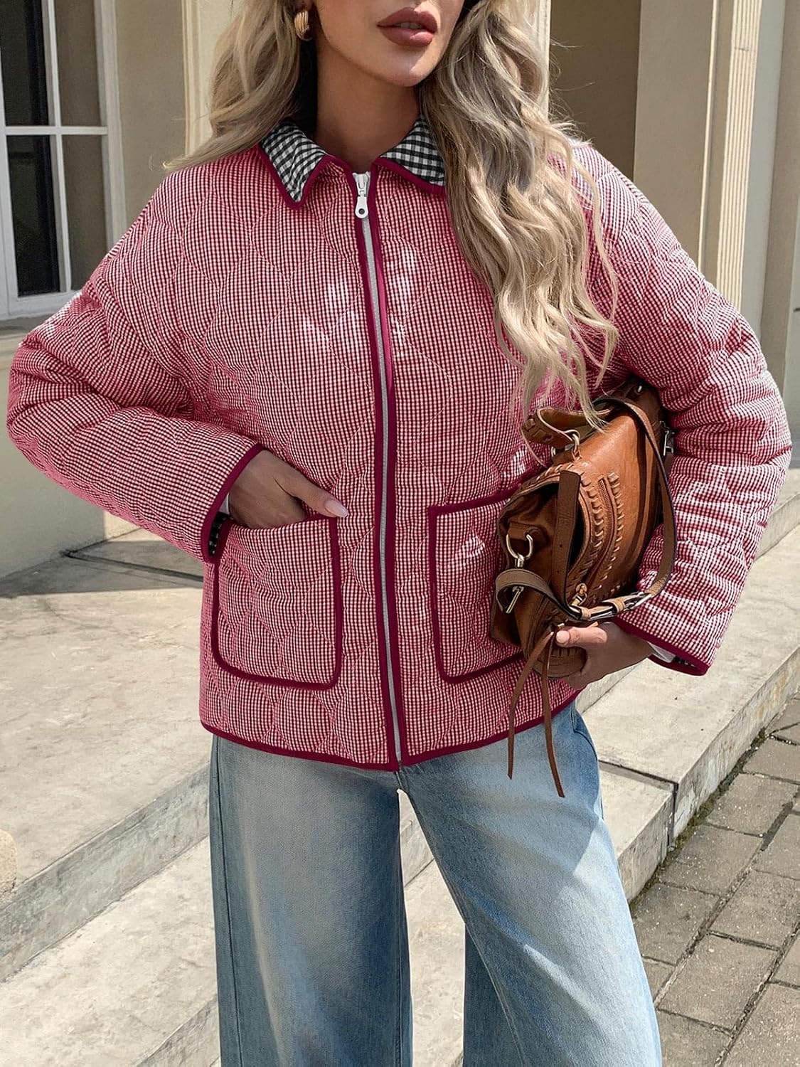 Tankaneo Womens Cropped Quilted Jackets Plaid Lightweight Full Zip Up Jacket Puffer Padded Coat with Pockets - Image 4