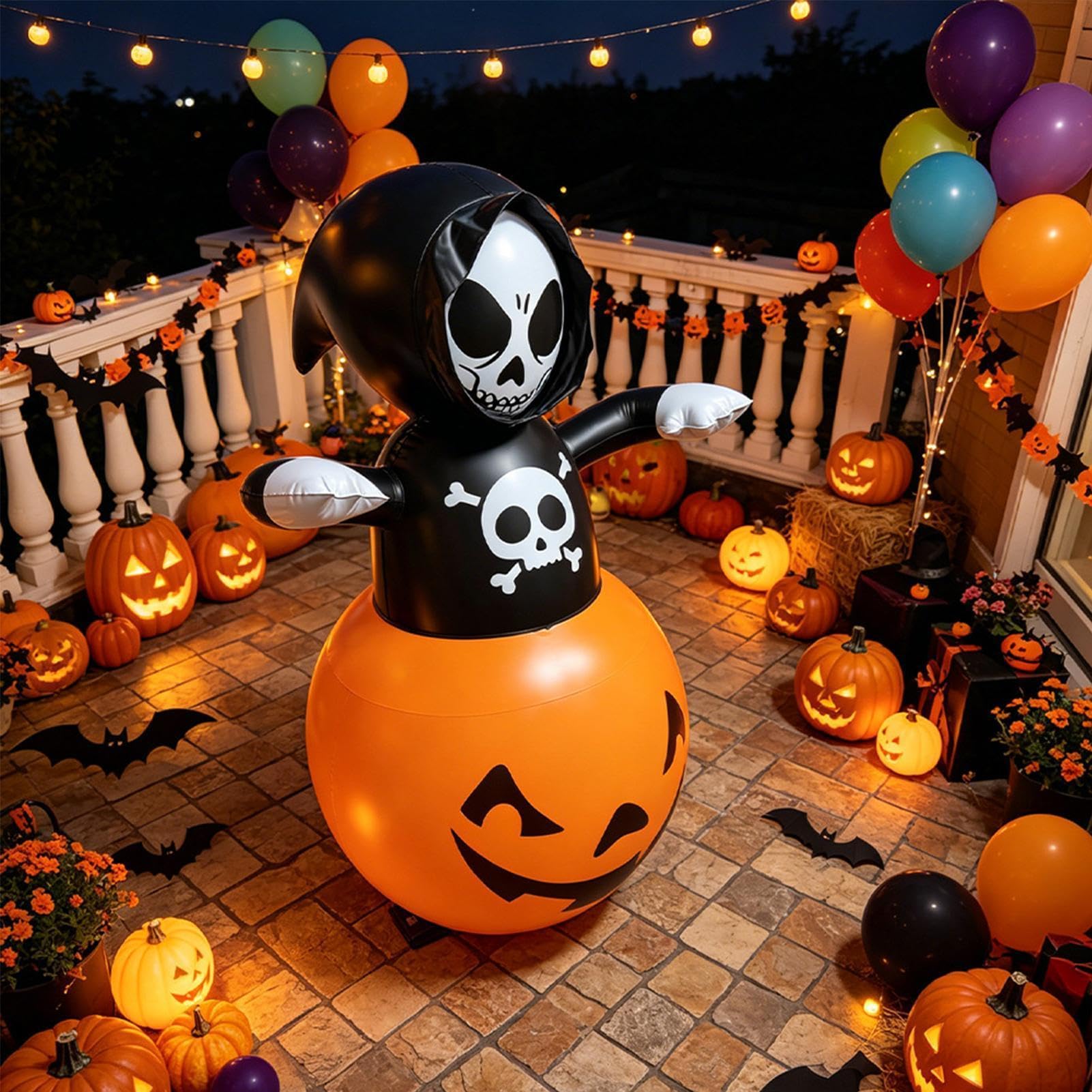 Dmuchane Dekoracje Halloweenowe Na Zewnątrz Czaszka i dynia z wbudowanymi | Dmuchane Ozdoby Ogrodowe na Ganek, Patio, Podwórko, Przyjęcia, Wnętrze, Dom, Dom Strachów, Święta