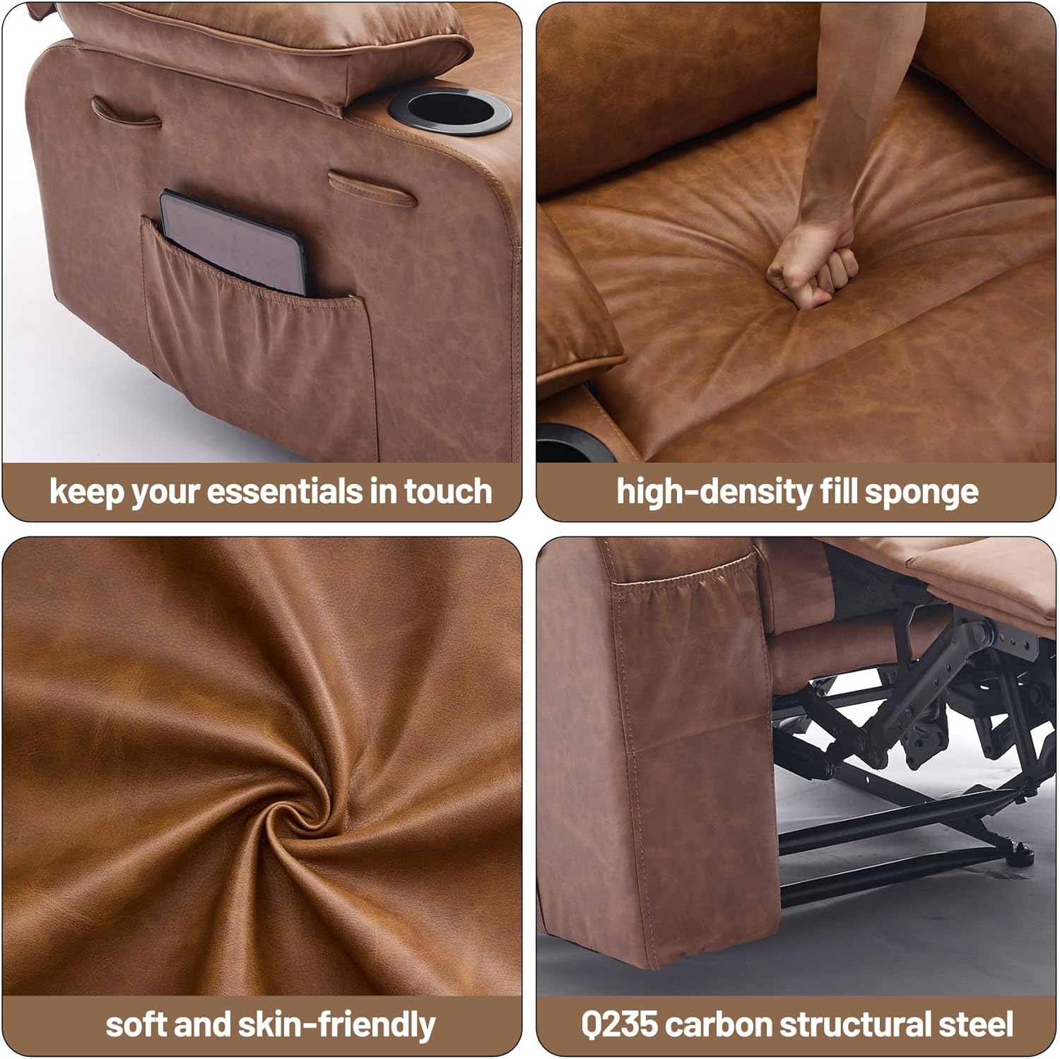 Recliner Chair Modern Ergonomic Lounge Single Sofa,PU Leather Rocker Recliner Chairs with Massage and Heat & Adjustable Backrest and Footrest for Adult,Nursery,Brown