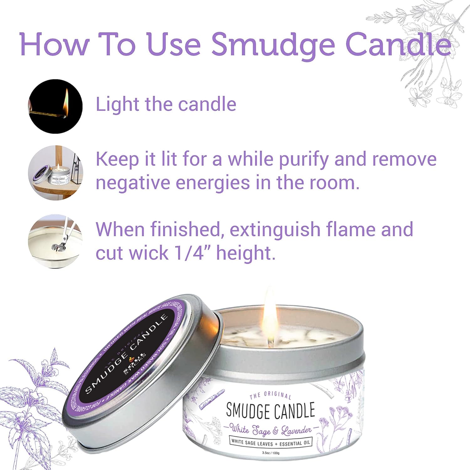 SOUL STICKS Shaman's Kit | Gift Set with Espiritu Incense Sticks, Sage Smudge Stick, Smudge Candle, Smudge Spray, 4 Selenite Wand in White Gift Box (Lavender)