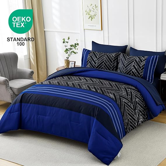 Luxudecor Blue Full Size Comforter Set, 7 Pieces Bed in a Bag, Striped Comforter Set with Sheets, Soft Microfiber Complete Bedding Sets for All Seasons