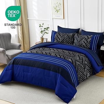 Luxudecor Blue Full Size Comforter Set, 7 Pieces Bed in a Bag, Striped Comforter Set with Sheets, Soft Microfiber Complete Bedding Sets for All Seasons