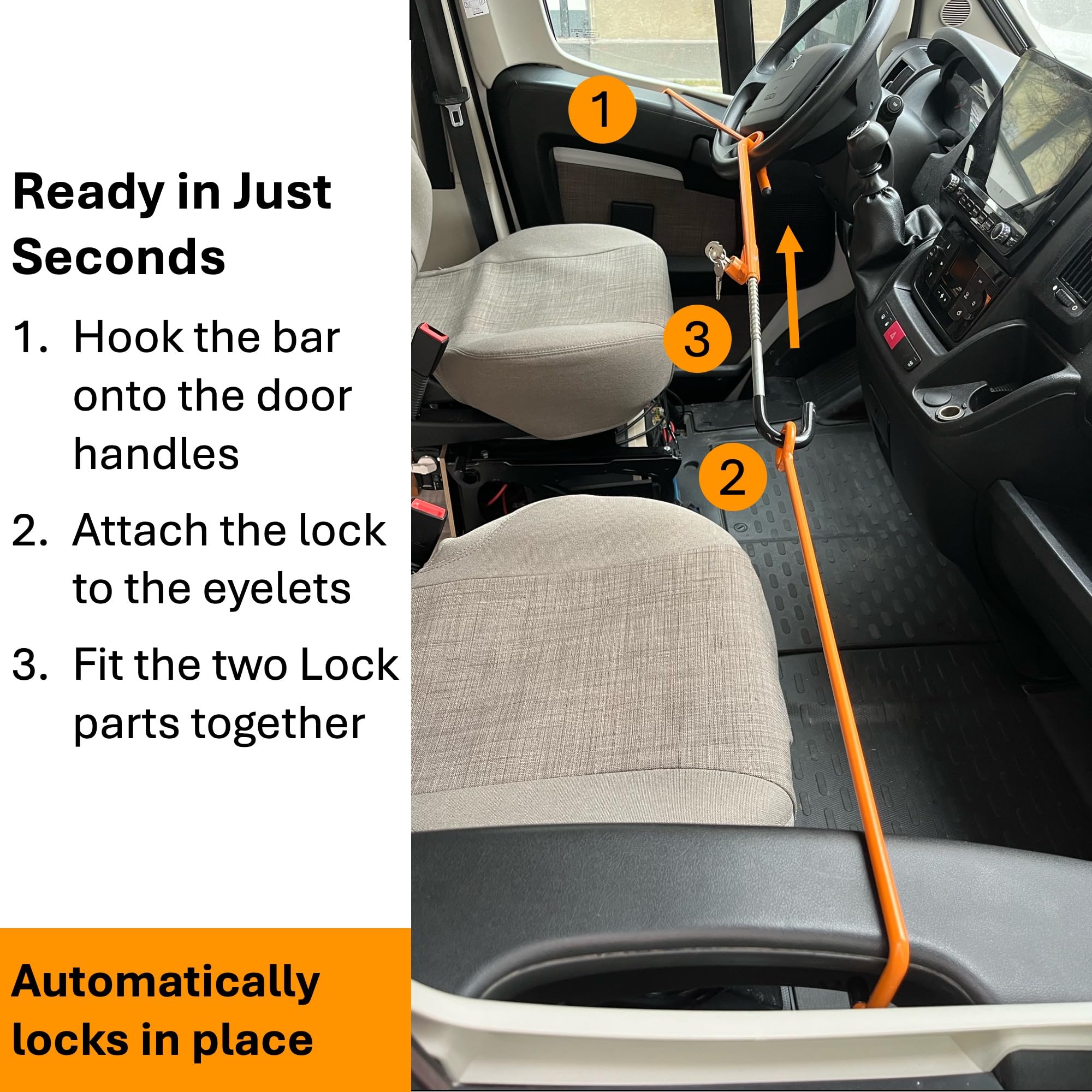 Seguridad de puerta para autocaravana cabina – Barra de acero para puerta del conductor y del pasajero, con cerradura, sin herramientas, 150–180 cm – compatible con Ducato/Boxer/Jumper hasta