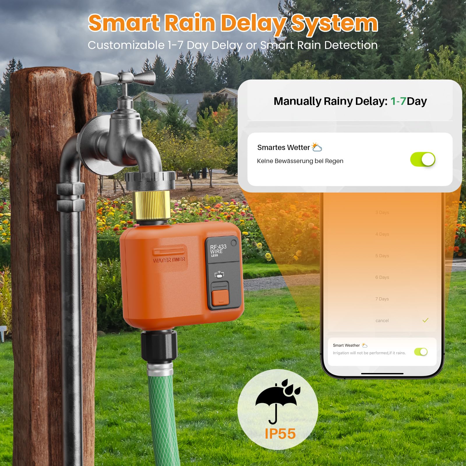 Timer dell'acqua WiFi per tubo da giardino con portata di 299,9 m, timer intelligente a 1 zona, APP e telecomando, controllo vocale, ritardo della pioggia, sistema di irrigazione in modalità manuale