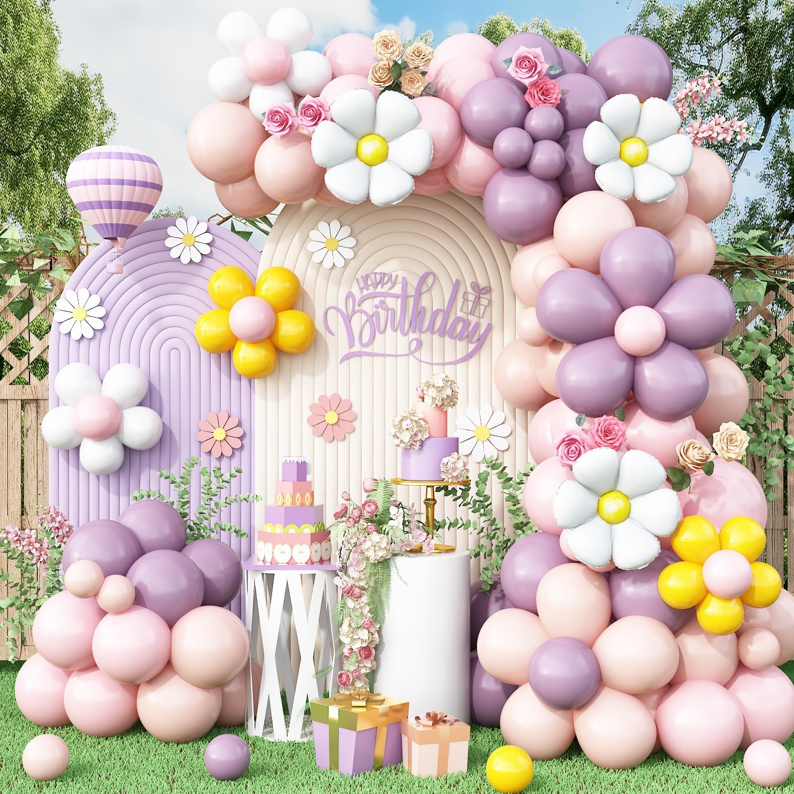 Daisy Balloon Garland Arch Kit,Retro Purple Yellow Pink Hippie Boho Balloons Garland Daisy Flower Balloons For Birthday Baby Shower Bridal Wedding