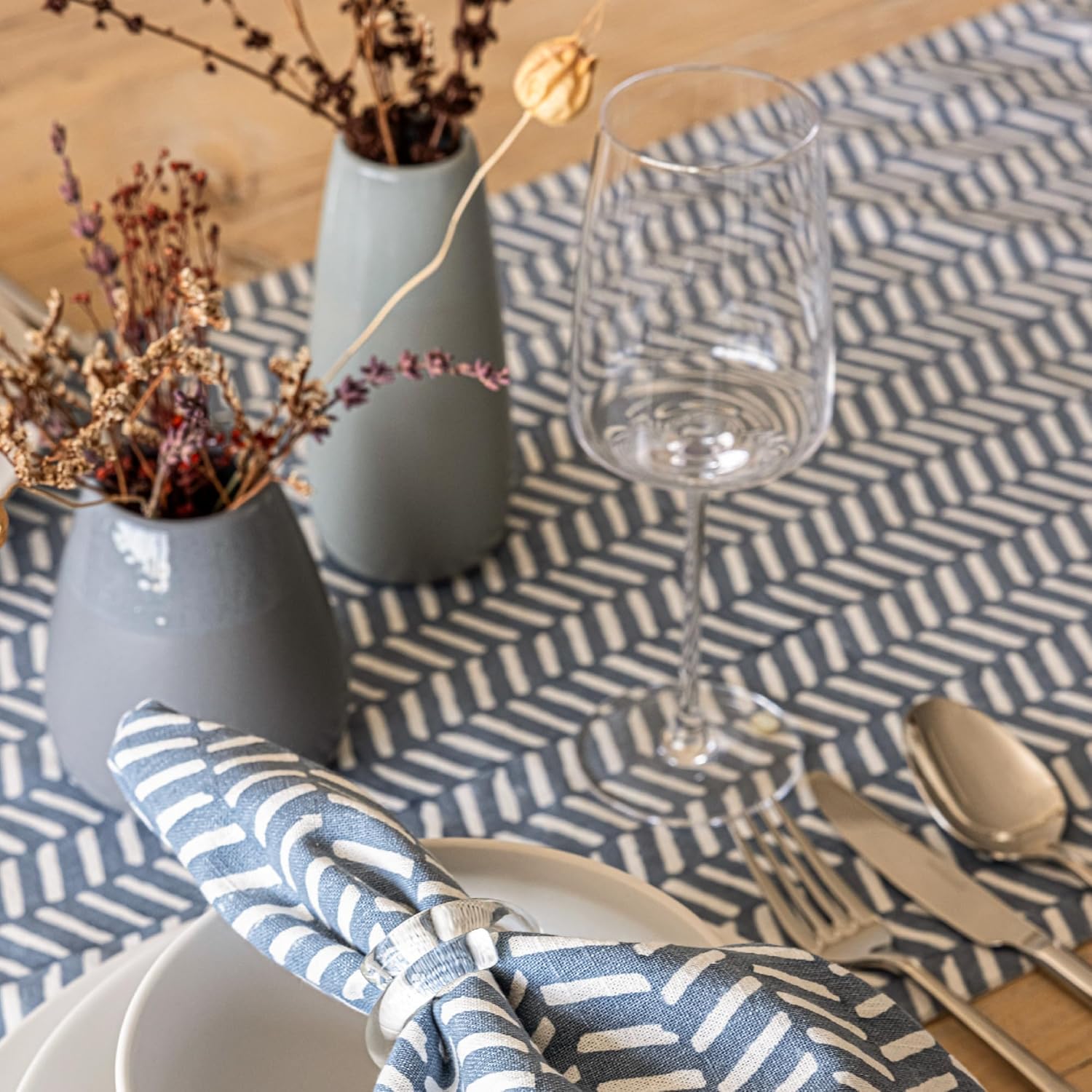 over&back 18x108 Hand-Blocked Printed Cotton Table Runner - Washable Table Runners for a Custom Home Decor Tablescape - Perfect for Coffee Table, Dinner Table, Living Room, and More - Blue Herringbone