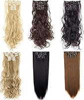 Vista 10 de Extensiones de pelo de 24 a 26 pulgadas, 6 unidades, 16 clips rizados, ondulados, rectos, gruesos, clip en extensiones de pelo sintético.