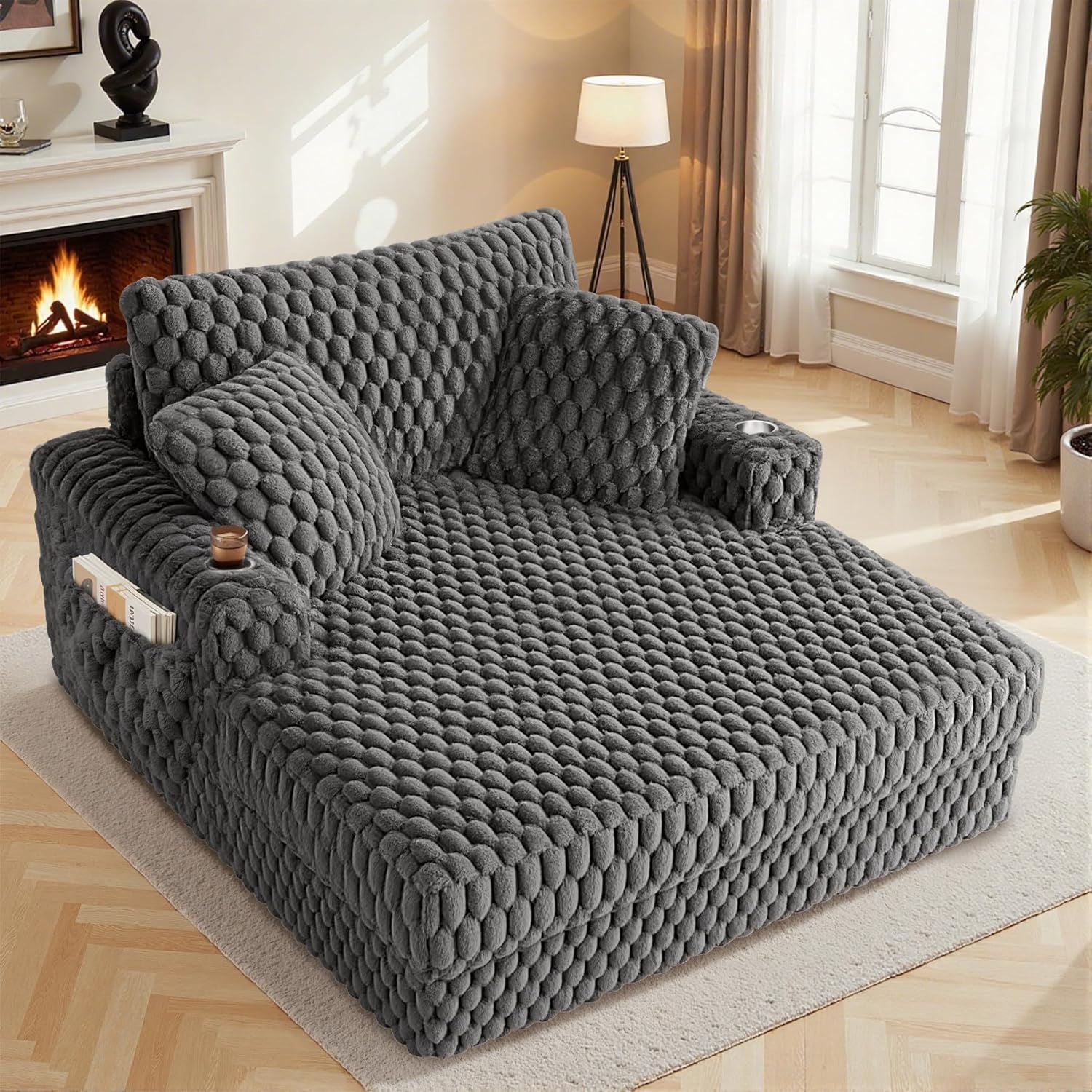 Oversized Chaise Lounge Chair Indoor 58 Inch Soft Cushioned Sofa Bed with Armrests and Cup Holder Plush Faux Fur Reading Chair for Living Room Bedroom Office Cloud Sofa Combination Light Grey