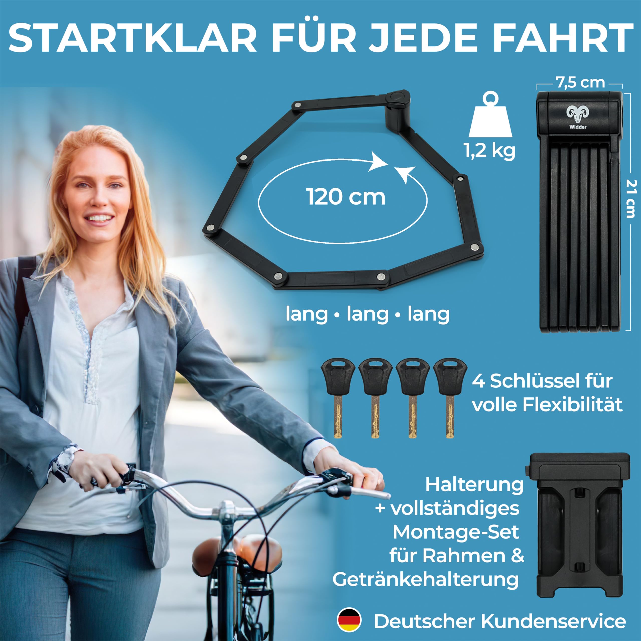 Widder Sehr sicheres Fahrradschloss Faltschloss 120cm mit 4 Schlüsseln | Faltschloss Fahrrad mit Halterung | ideal als E Bike Schloss, E Scooter Schloss, Fahrräder & Bike Lock