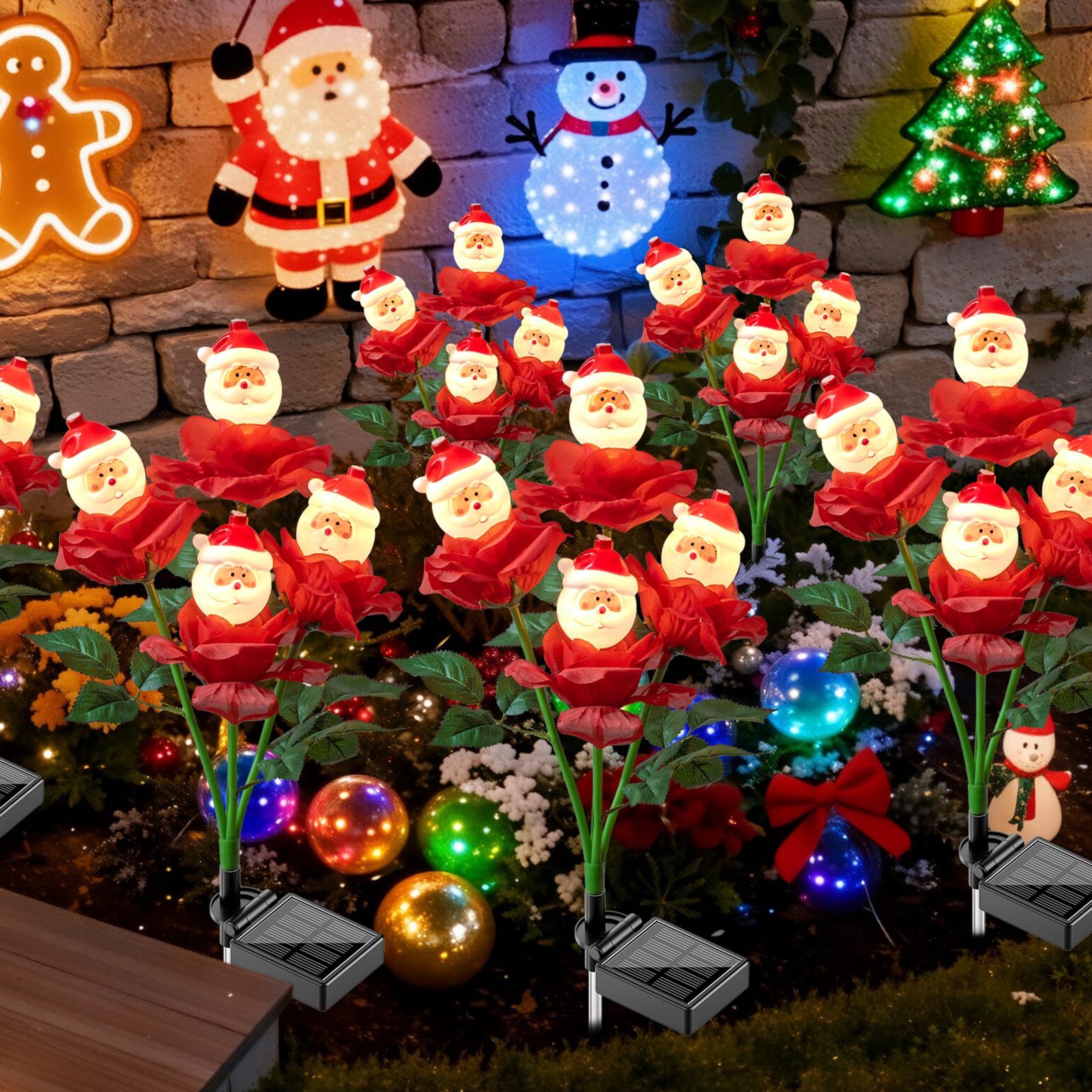 Lot de 2 lampes solaires de jardin en forme de rose de Noël avec Père Noël, 70 cm, pour décoration de Noël, marche/arrêt automatique, étanchéité IP65, convient pour cour, étang, allée