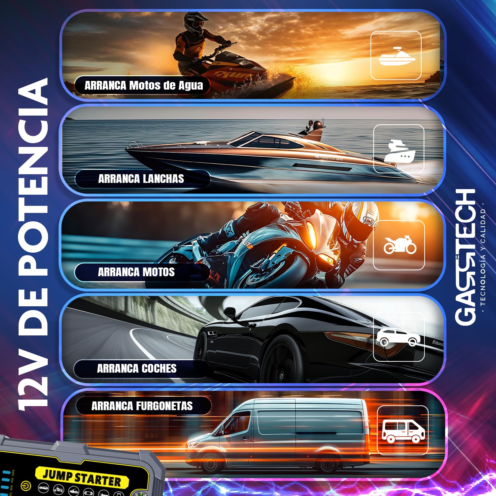 GARRTECH® SUPER Arrancador De Baterias De Coche 10.000A ULTRA RÁPIDO | Arrancador De Coches 12V Para Motor 10L Gas o 9.0L Diésel | Arrancador De Coches Portatil con pinzas | Linterna Led De Emergencia