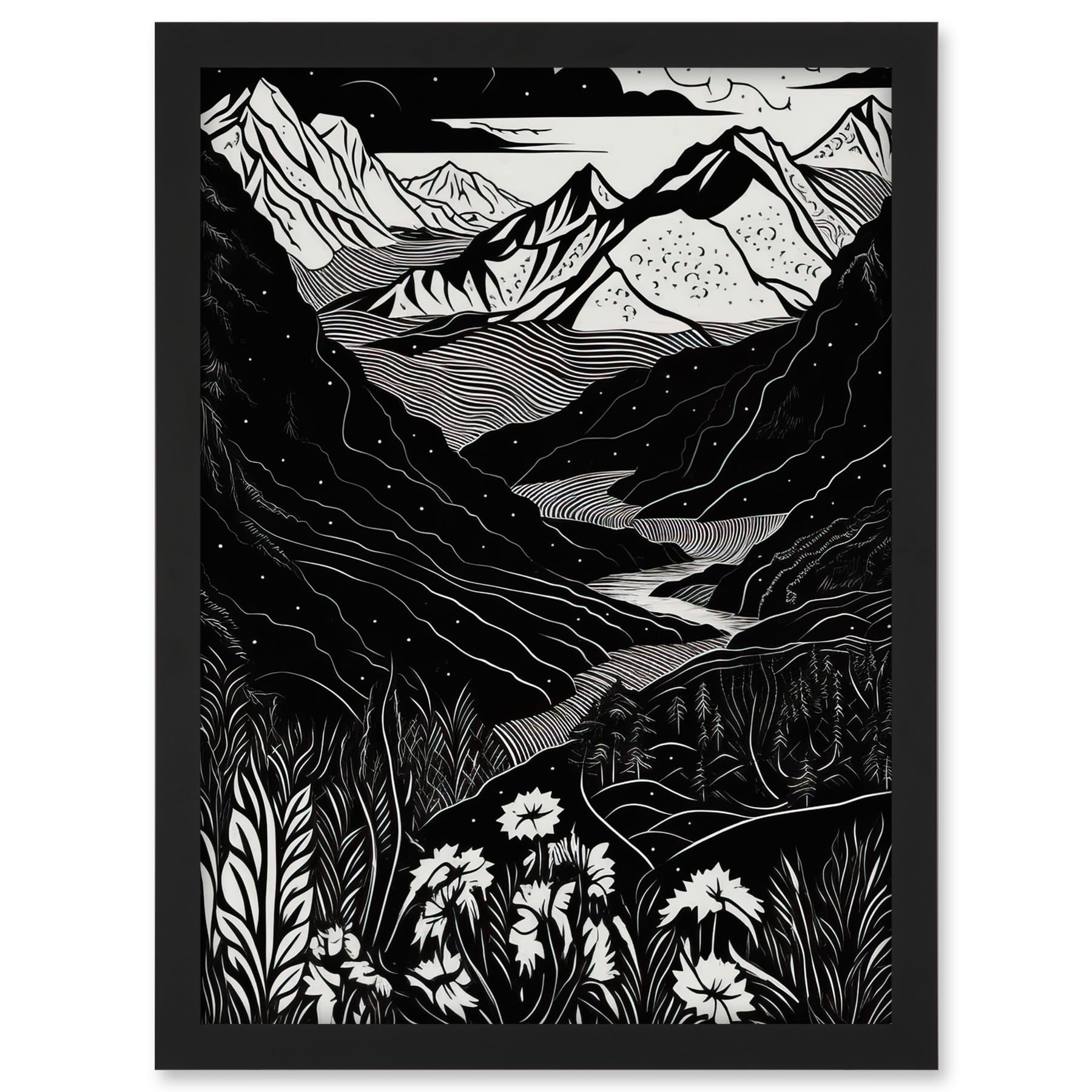 Artery8 Wildflowers in Spring Mountain Landscape Linocut Artwork Framed A3 Wall Art Print