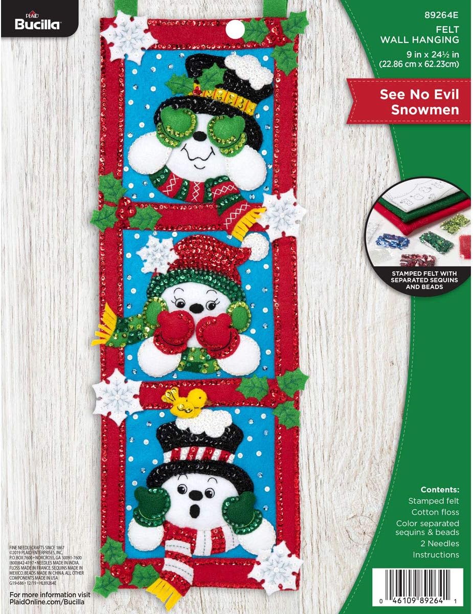 Bucilla 89264E Felt Applique Christmas Wall Hanging Kit, 9" x 24.5", See No Evil Snowmen
