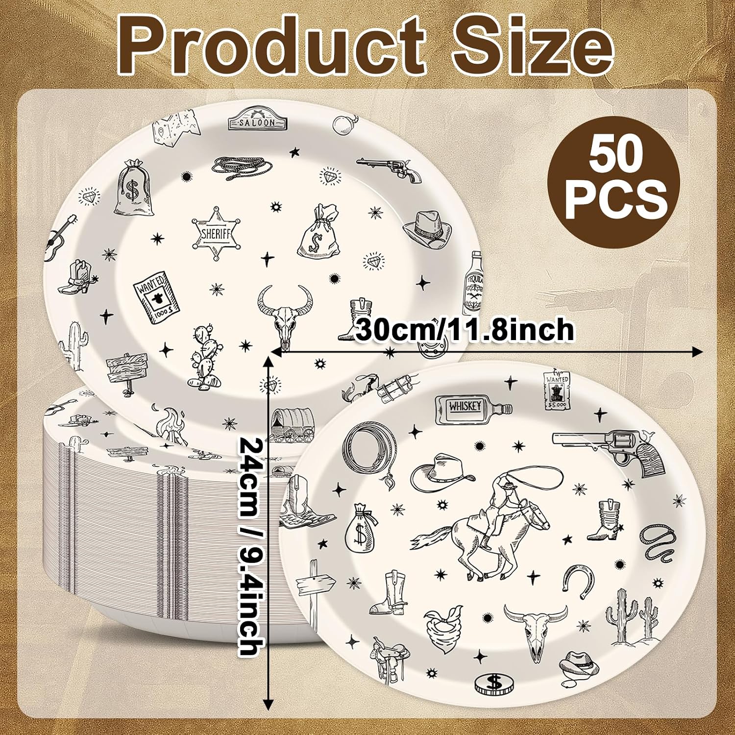 Wiooffen 50 Pcs Cowboy Oval Paper Plates 11inch Western Cowboy Disposable Paper Plate Rodeo Bachelorette Party Dinnerware Platter Dish Tray for Western Themed Birthday Baby Shower Dinner Supplies