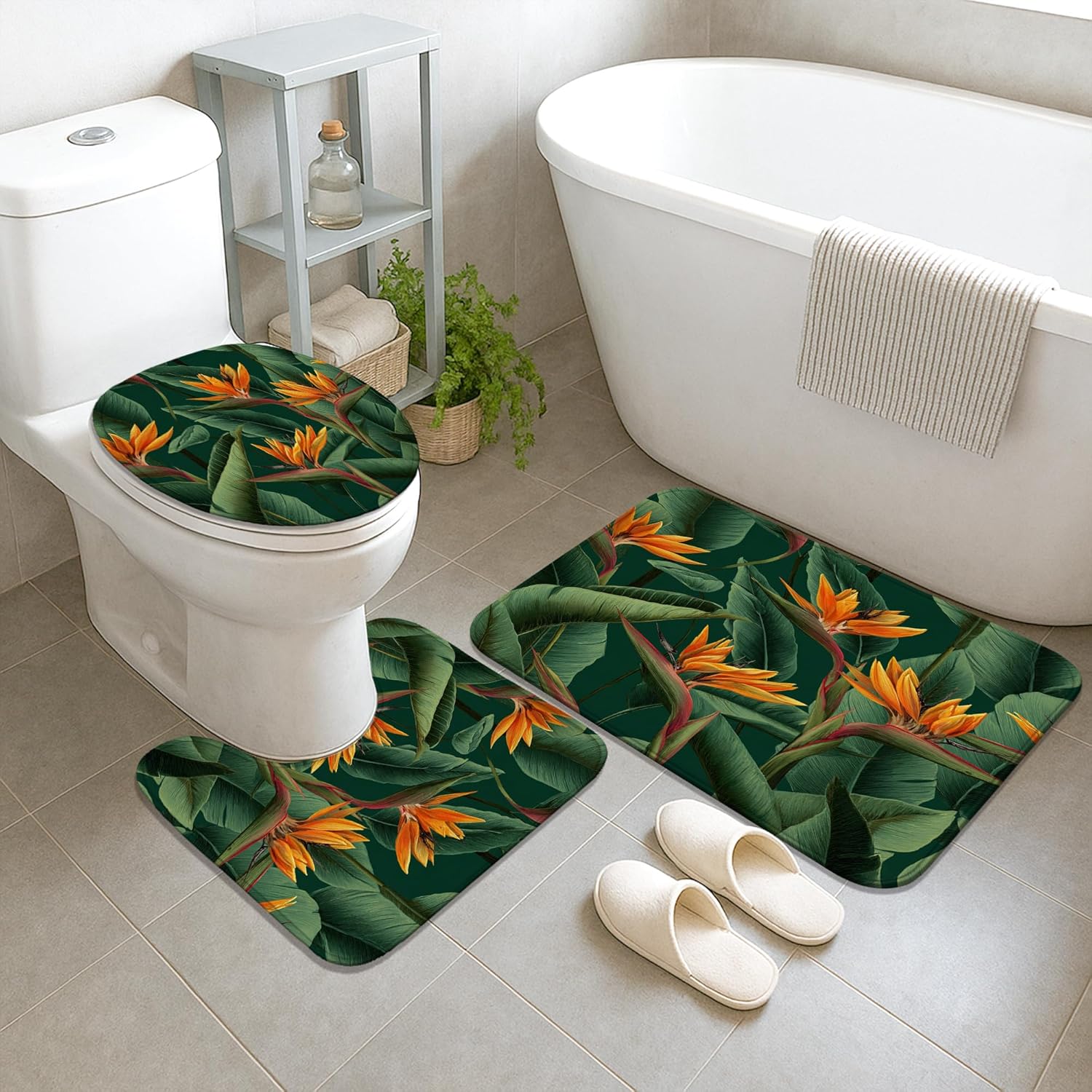 4Pcs Tropical Bird of Paradise Shower Curtain Set, Green Orange Floral Bath Mat Rugs Accessories for Bathroom Decor, Summer Modern Waterproof Fabric Shower Curtain Set with Hooks 72x72 Inch