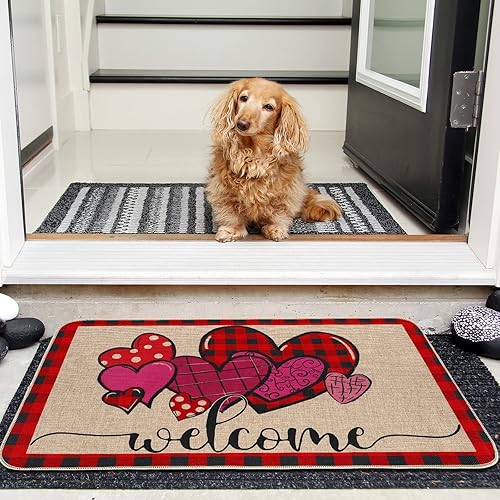 Miniatura 4 de AnyDesign Tapete de bienvenida para el día de San Valentín, con corazones de amor, parte trasera de goma antideslizante, diseño de búfalo rojo y