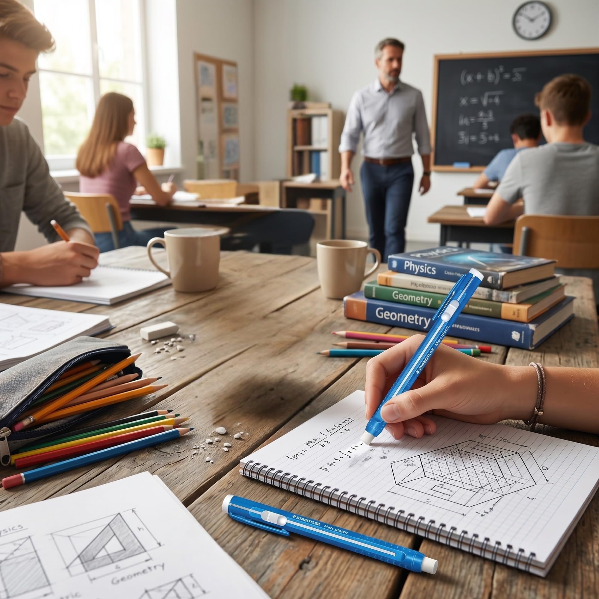 STAEDTLER 6er Pack Mars Kunststoff Radierstift mit nachfüllbarem Halter, Deutscher Radiergummi für Bleistifte, Wisch- & Reißfreie Präzision, Einziehbares Design mit Clip, Blau, 6 Stück