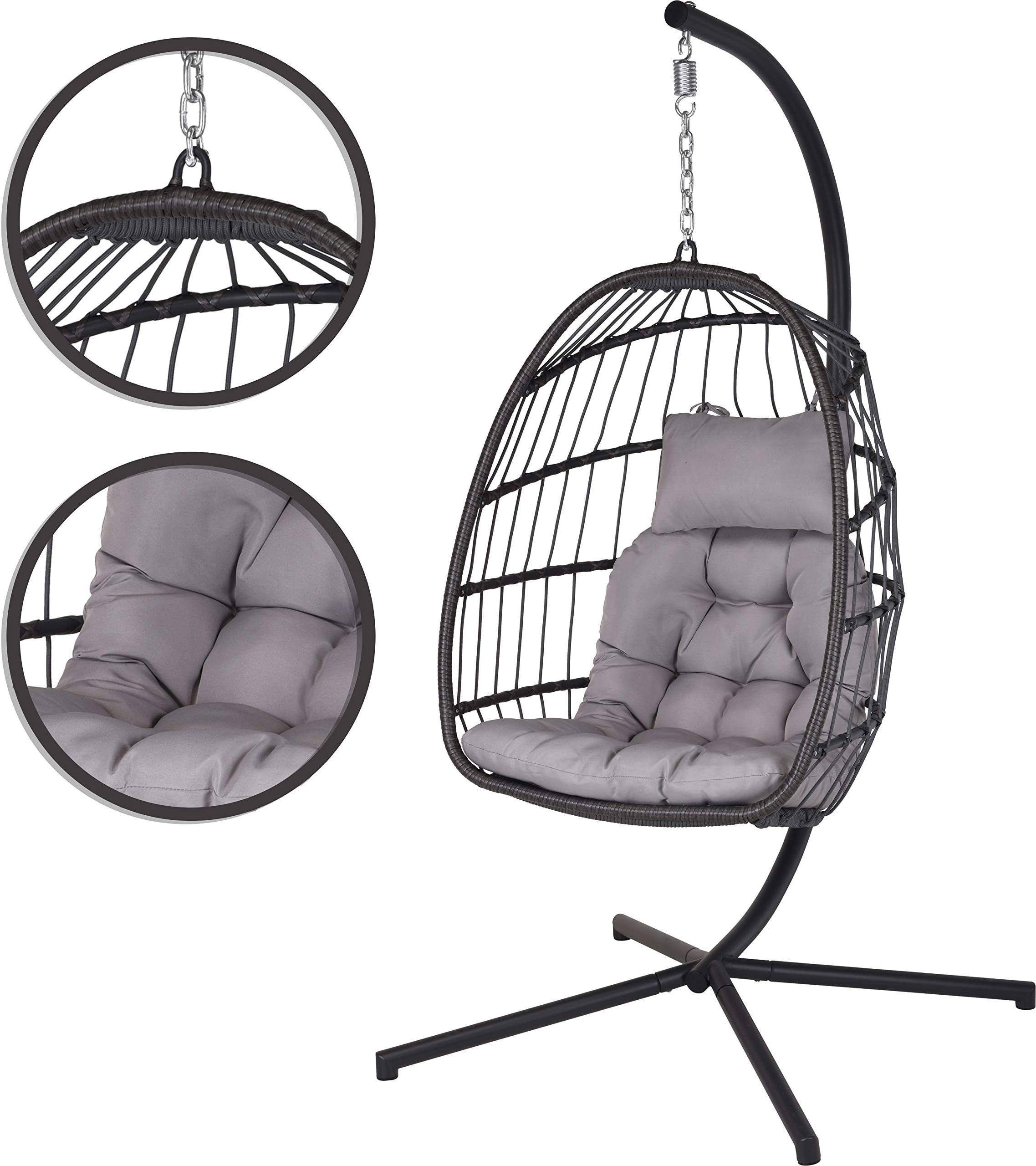 idooka Outdoor Garden Rattan Weave Egg Chair Cocoon Patio Seat Hanging Stand with Spring Folding Hammock Style with Water-resistant Grey Cushion for patio and balconies