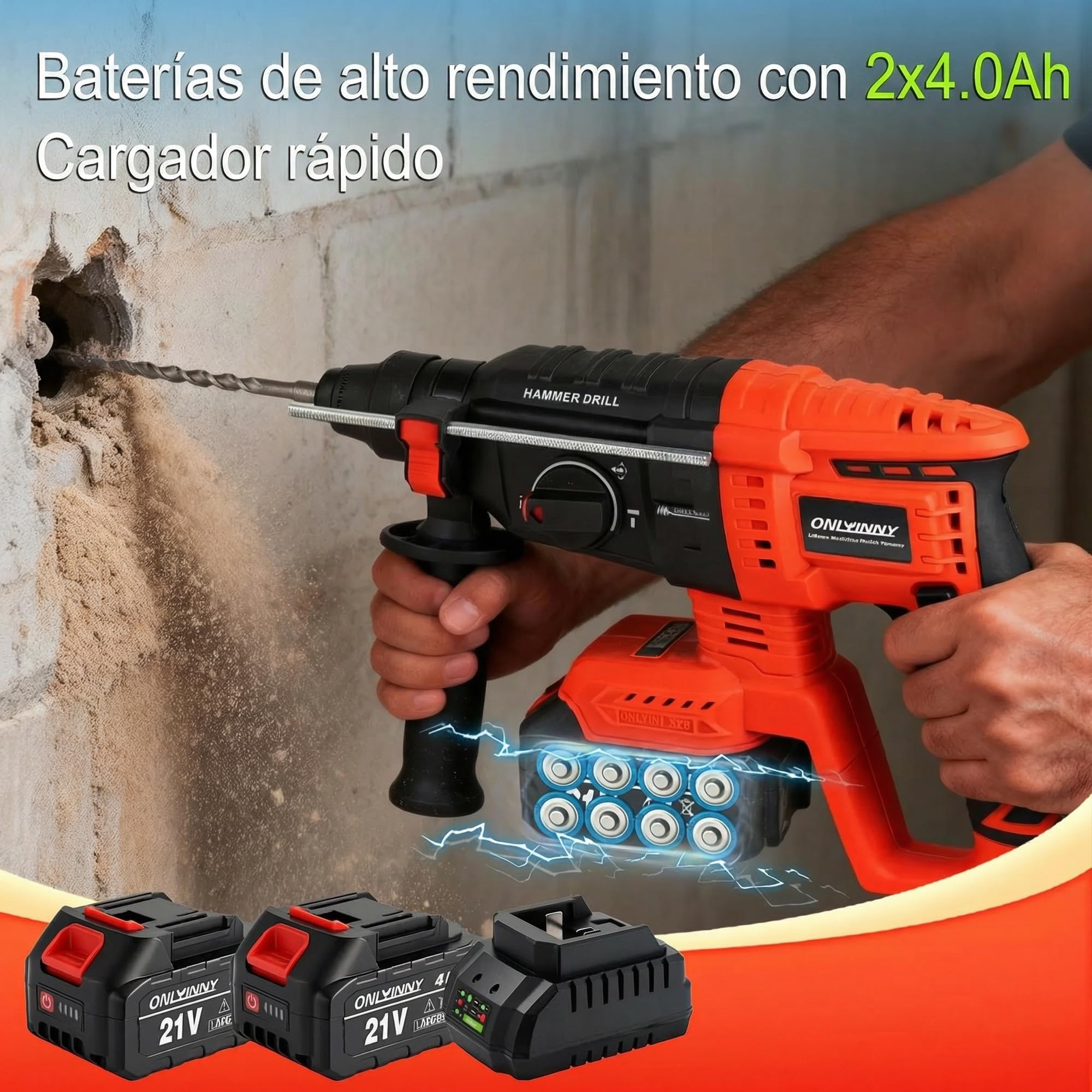 Martillo perforador SDS Plus, Motor sin escobillas, 3 en 1 (perforar/golpear/escariar), Compatible con batería Makita 18V, 2x Baterías 4.0Ah Cargador en maletín