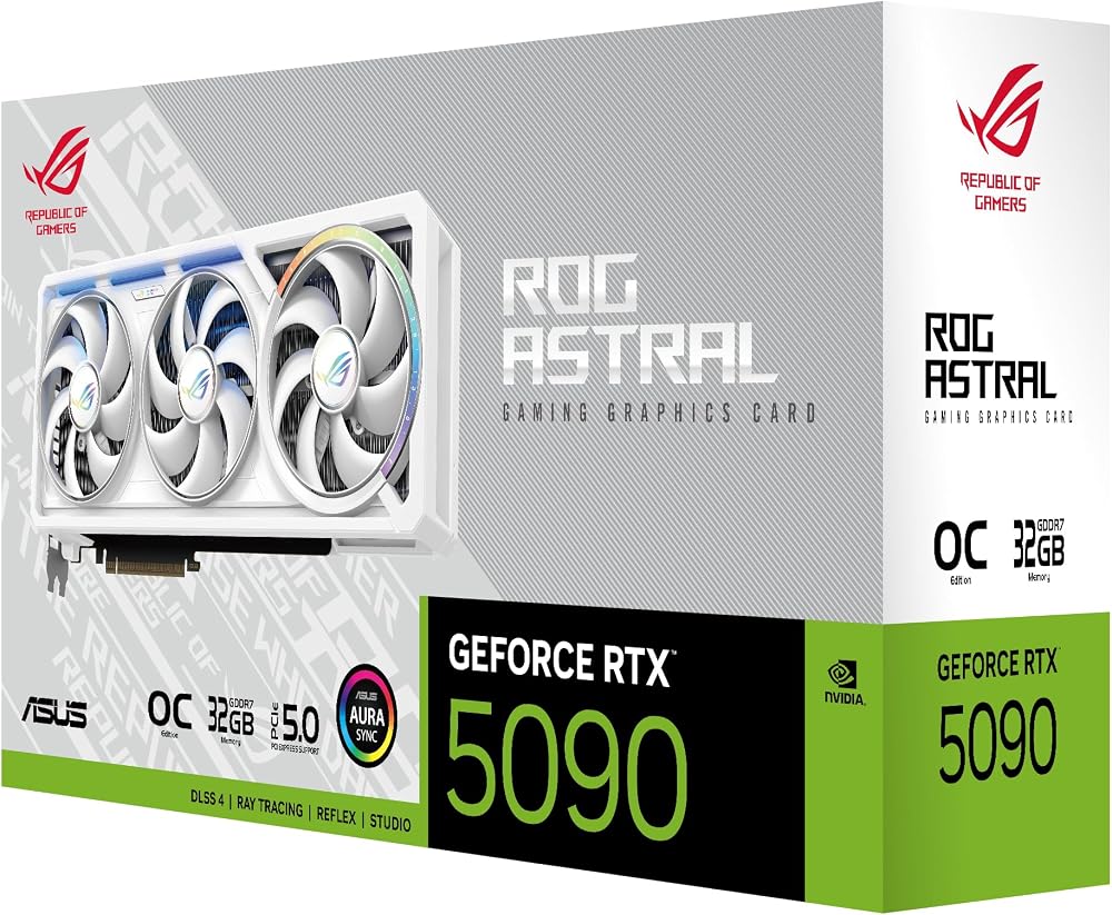 ASUS ROG Astral GeForce RTX 5090 White OC Edition Graphics Card, NVIDIA (PCIe 5.0, 32GB GDDR7, HDMI/DP 2.1, 3.8-Slot, 4-Fan Design, Axial Fans, Patented Vapor Chamber, Phase-Change GPU Thermal Pad)