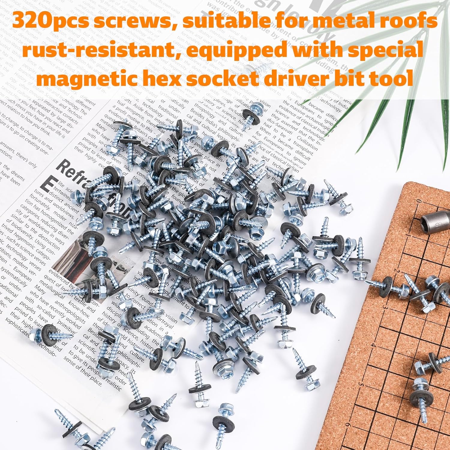 320pcs #10x1'' Self Drilling Screws, Galvanized Carbon Stainless Steel Hex Head Self Tapping Sheet Metal Roofing Screws with Washer & Hex Socket for Wood, Metal or Tough Materials