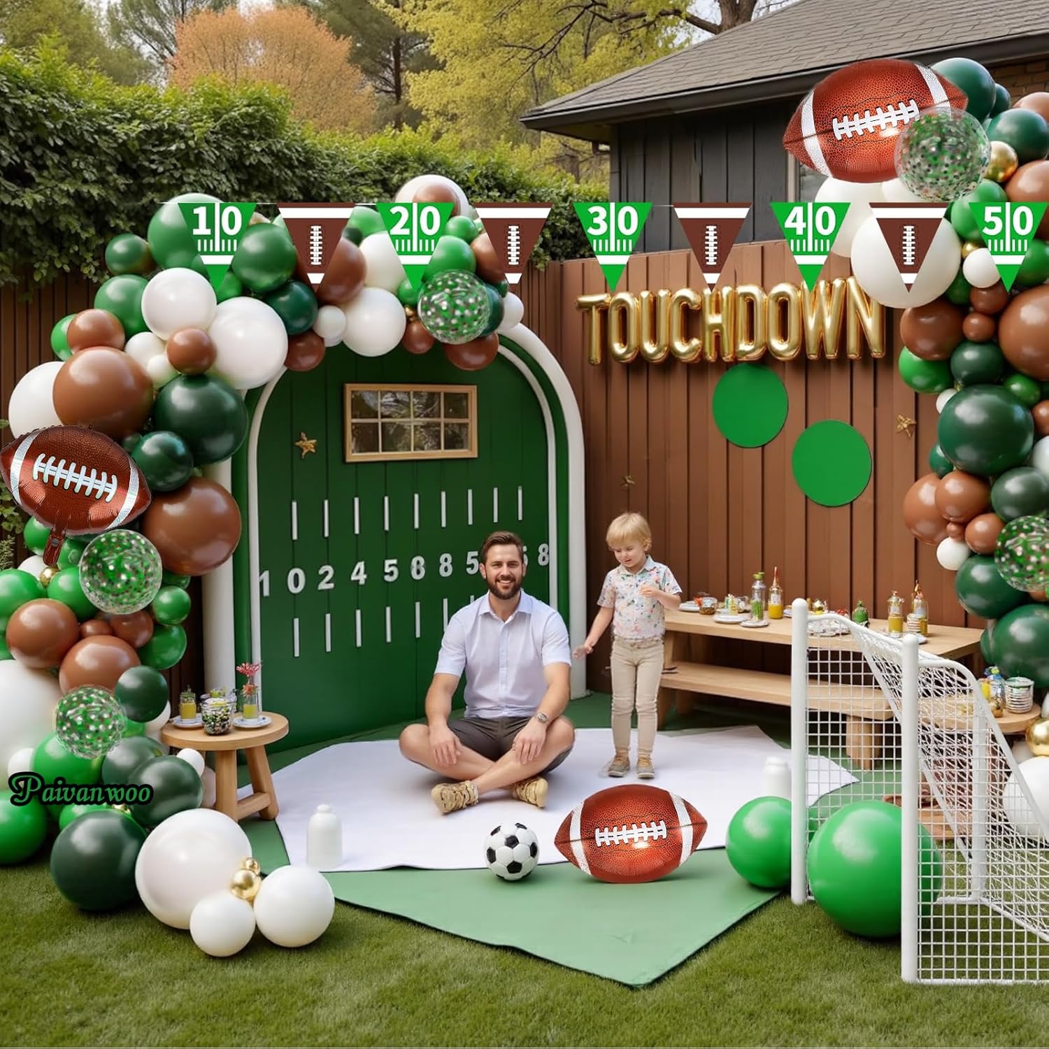 Football Balloon Arch Kit 132Pcs Green Brown White Balloons Football Party Decorations with Football Foil Balloons and Banner for Super Bowl Touch Down Sports Theme Birthday Party Decorations