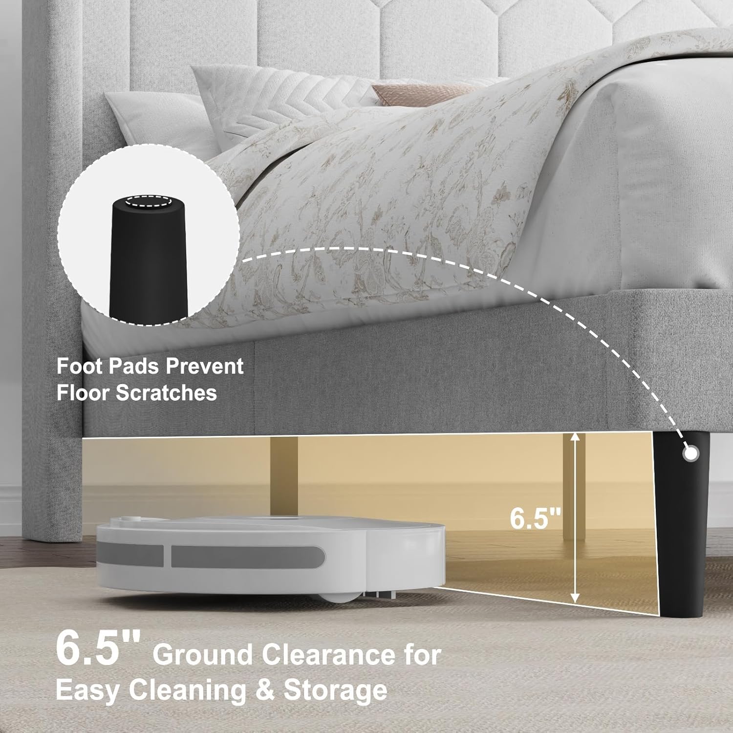 Queen Size Bed Frame with Velvet Upholstered Headboard, Platform Bed Frame No Box Spring Needed, Modern Bedframe with Strong Wooden Slats, Light Gray - Image 6