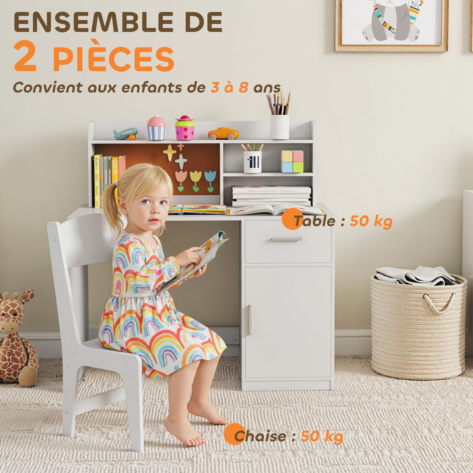 AIYAPLAY Bureau Enfant avec Chaise, Table Enfant et Chaise, 3-12 Ans, 90,2x48,1x90,8cm, Blanc