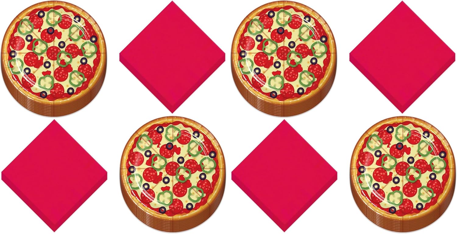 Pizza Party Round Paper Dessert Cake Plates and Beverage Napkins (Serves 16) - Pizza Party Celebration Theme Paper Tableware (Pack of 2)