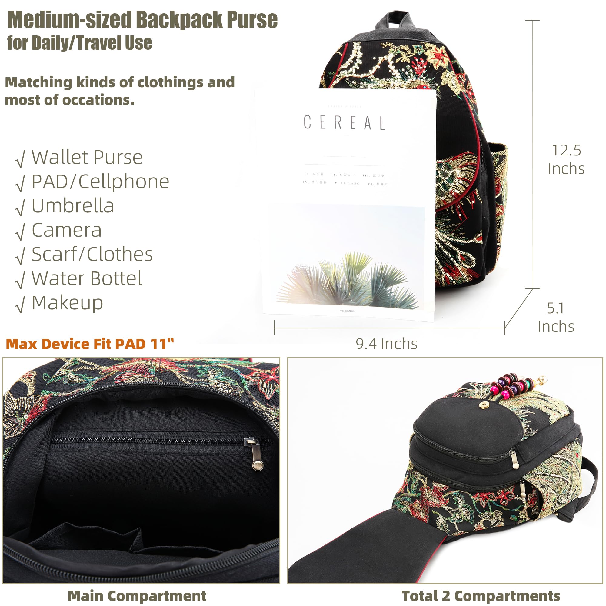 Goodhan Zaino da donna in tela, casual, borsa a tracolla, vintage, resistente, antifurto, da viaggio
