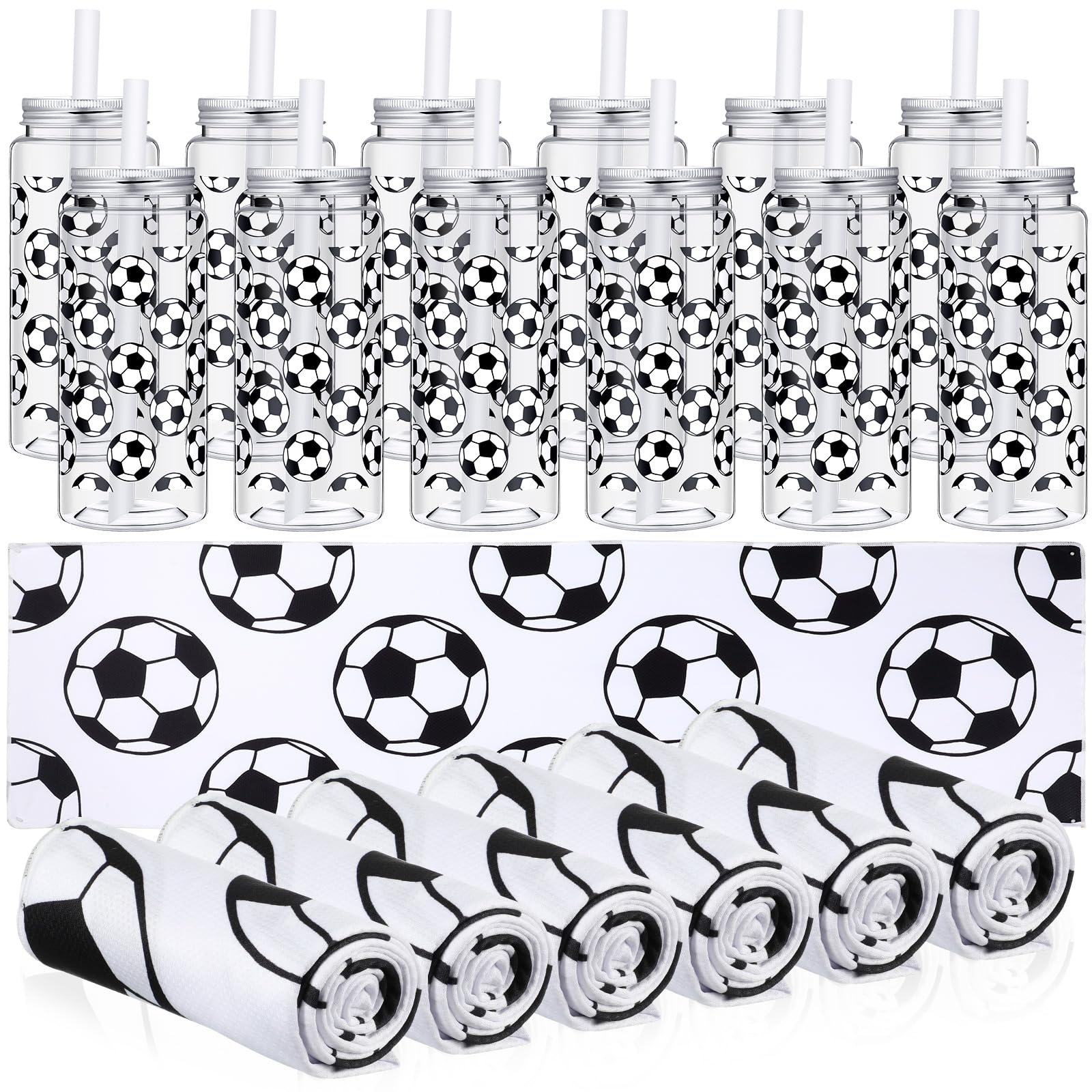 Skybooly 24 Pack Soccer Team Gifts Include 12 Soccer Cooling Towels 12 Plastic Tumbler 40"x12" Breathable Chilly Towel 13.5oz Reusable Cups with Lid