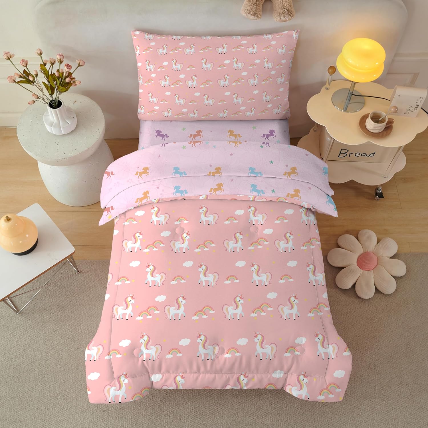 Unicorn Toddler Bedding Comforter Sets for Girls,Unicorn Bed Set,4 Pieces Soft Crib Bed Set Including Comforter, Sheets and Pillowcase,Girls Rainbow Bed in A Bag(Pink Color)