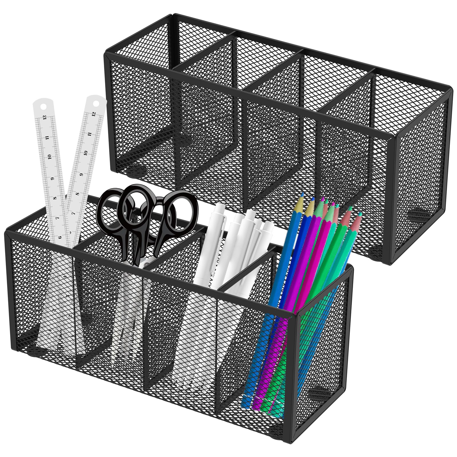 LuLobtg 2Pcs Mesh Pencil Holder, Metal Pen Organizer with Divided Compartments for Countertop, Stationery Storage Desktop Organiser for Home, Office, School(4 Grid)