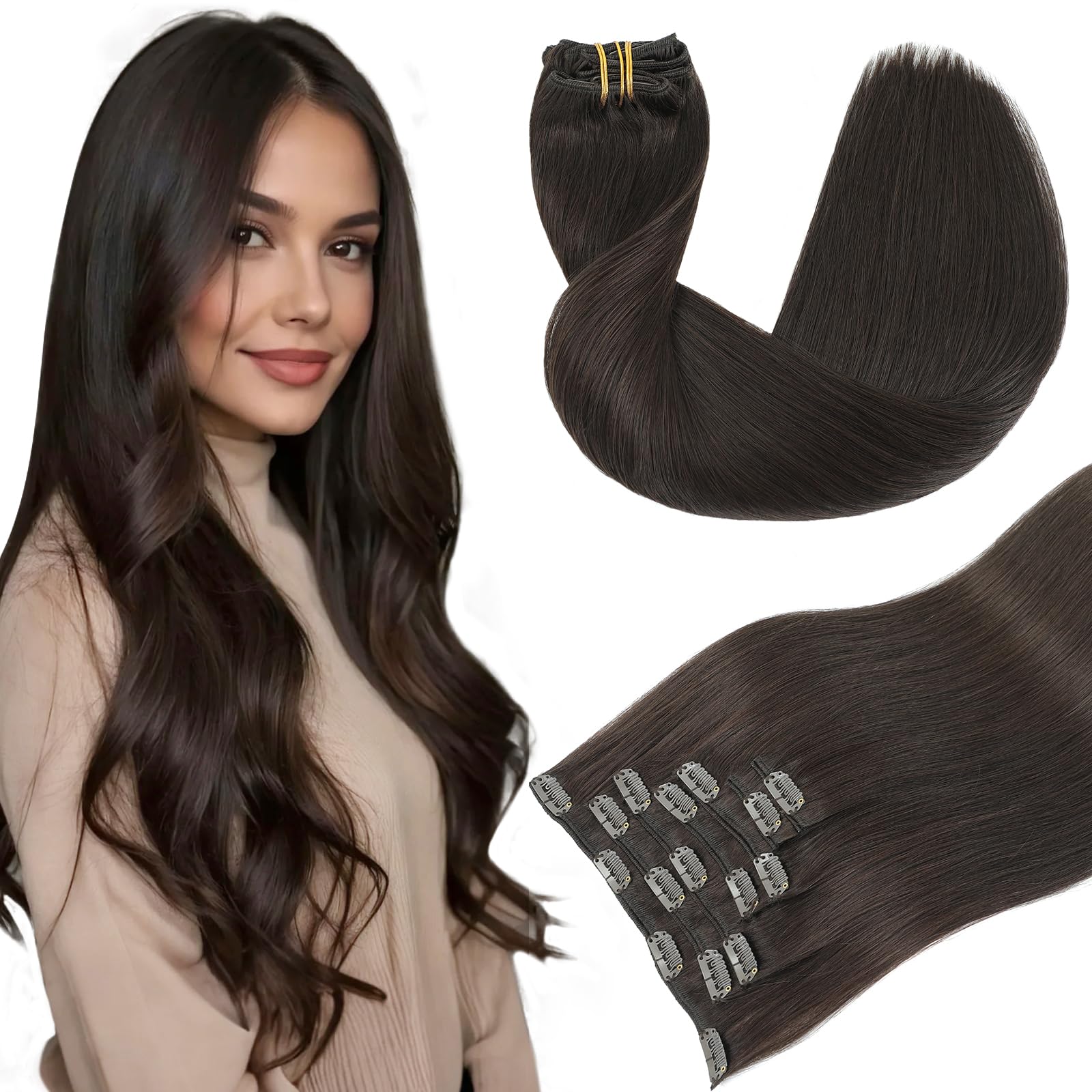 Youngsmile Extension a Clip Cheveux Naturel #2 Marron Foncé 120g 45cm 120g 7pcs Extension Cheveux Naturel Clip Cheveux Humains (#2-45cm)