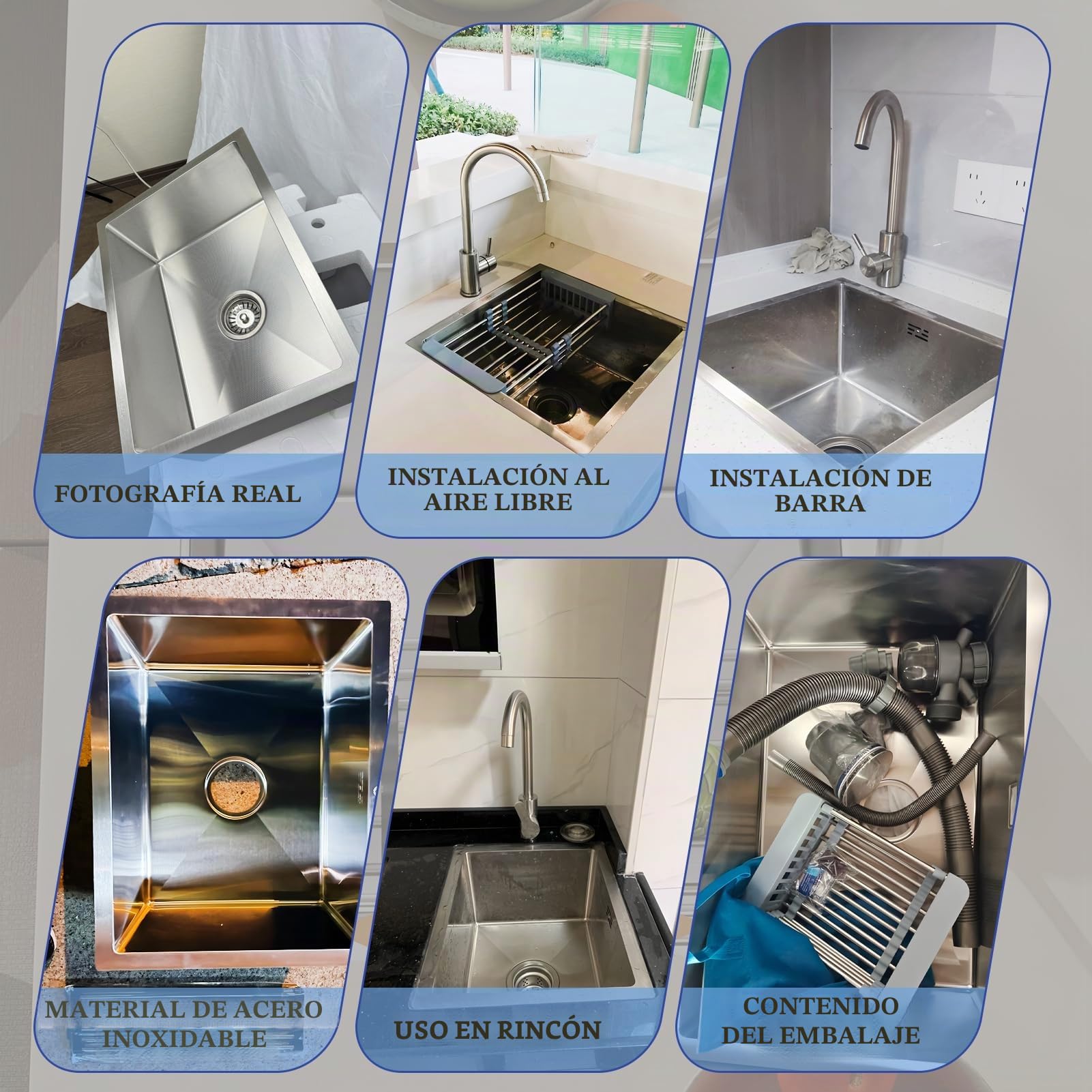 Fregadero Cocina 1 Seno 55 x 40 cm, Acero Inoxidable Cepillado, con Grifo Giratorio 360°, Fregadero Bajo Encimera o Sobre Encimera, con Sifón, Rebosadero y Desagüe, Escurridor de Enrollable