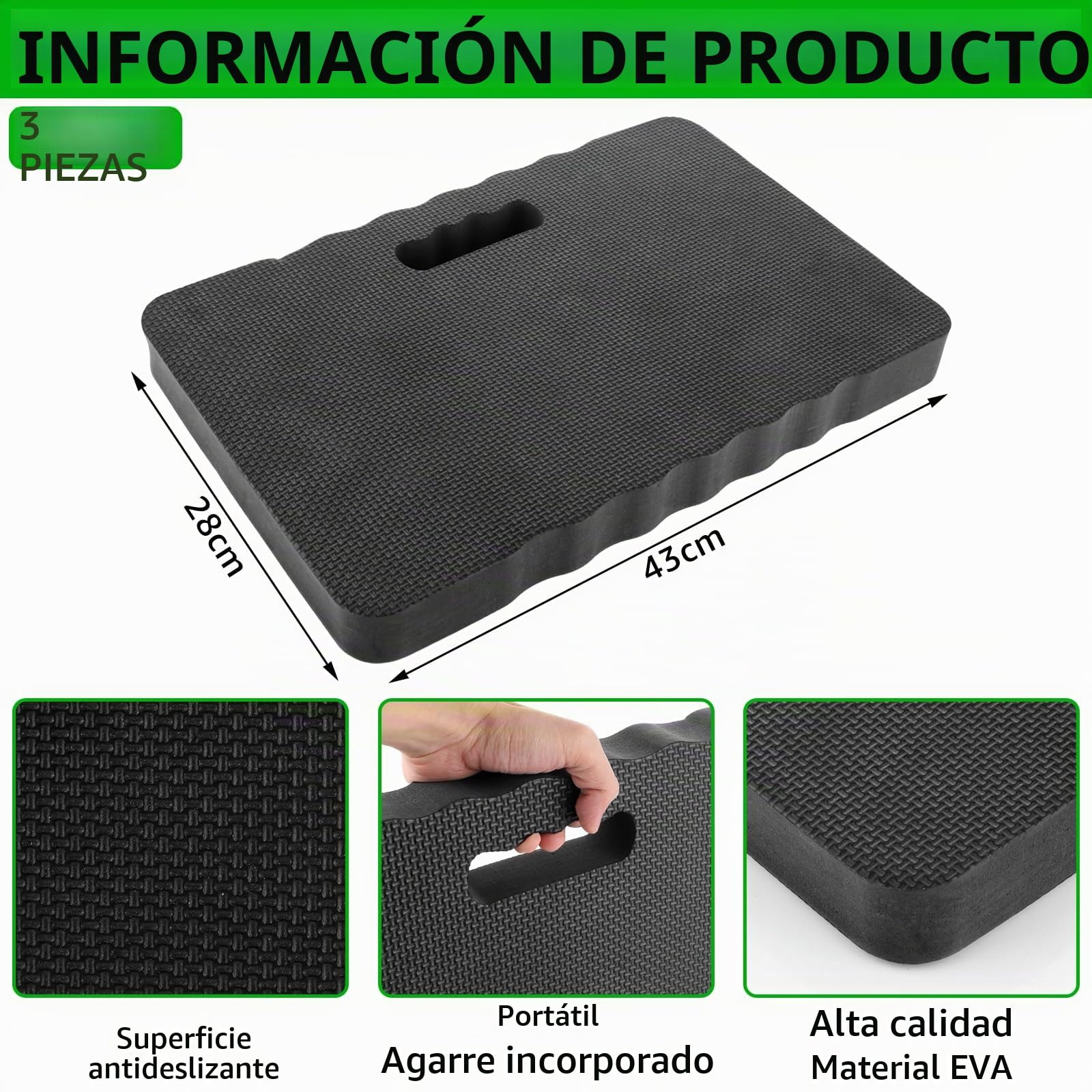 3 cojines para rodillas de jardín, 43 x 28 x 4 cm, cojín para rodillas, trabajo grande, alfombrilla para rodillas para taller, cojín multiusos para rodillas, tabla para rodillas, rodilleras,