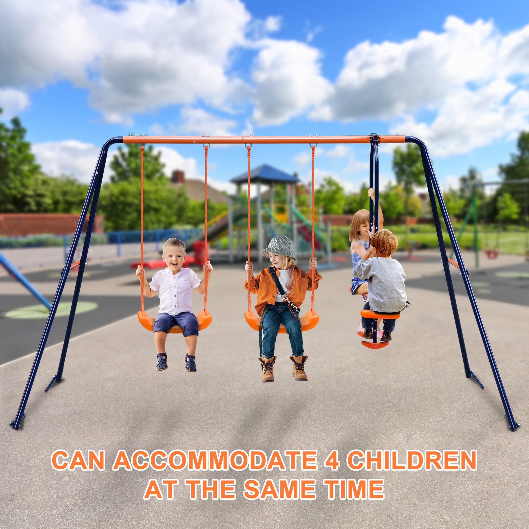 Smartxchoices Metal Swing Set with 2 Belt Swings, 1 Seesaw Play Set, Heavy Duty Metal A-Frame Garden Double Swing Slider Set for Children Kids, Garden, Playground, Backyard, Outdoor, 440lbs