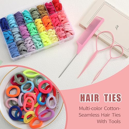 Miniatura 4 de 288 ligas para el pelo de bebé, 24 colores pequeños soportes para cola de caballo con herramientas de peinado, pequeños lazos de algodón sin