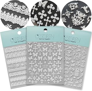 White Cross Nail Art Stickers Pearl Rhinestones Embossed Lace Butterfly Totem Nail Decals, Nail Accessories & Supplies, Durable & Long-Lasting 3 Sheets