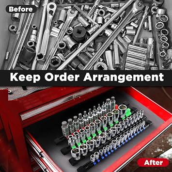 Socket Organizer Set 12PCS ABS Socket Holder Kit, 1/4-Inch x 64 Clips, 3/8-Inch x 60 Clips, 1/2-Inch x 48 Clips Socket Set Organizer, Drive Socket Tray, Socket Holders Clip Socket Rail, Black