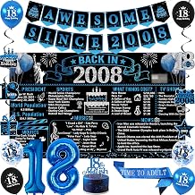 Trgowaul 18th Birthday Decorations for Boys, 20PCS Black Blue Back in 2008 Birthday Party Supplies, Blue Vintage Banner, Time To Adult Sash, 18th Cake Topper, Latex Balloon, 18 Year Old Set