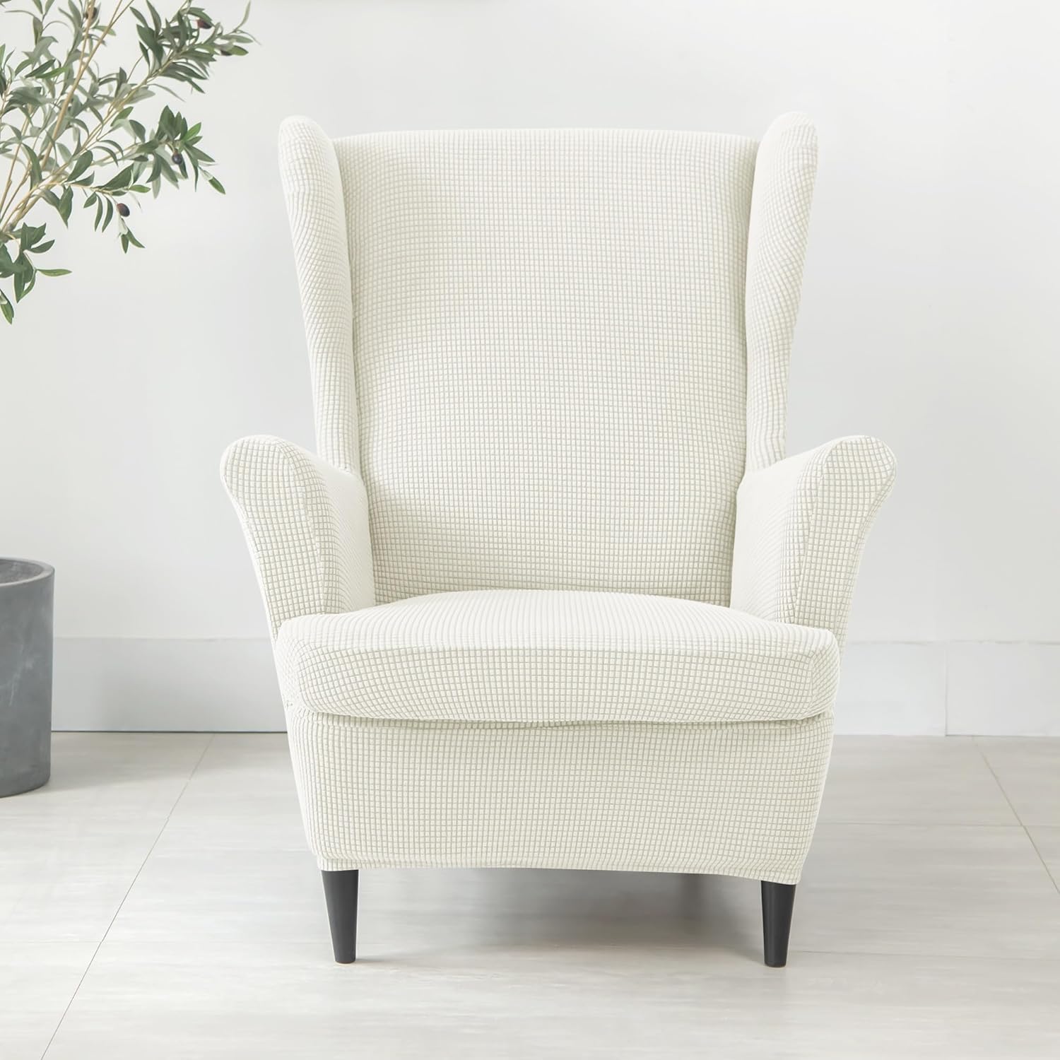 Stretch Wingback Chair Slipcover, Universal Wing Chair Covers Slipcovers with Elastic Bottom, Living Room Armchairs Chair Slip Covers with Ottoman Cover, High Back Chair Cover Slipcover Set(White,Chai