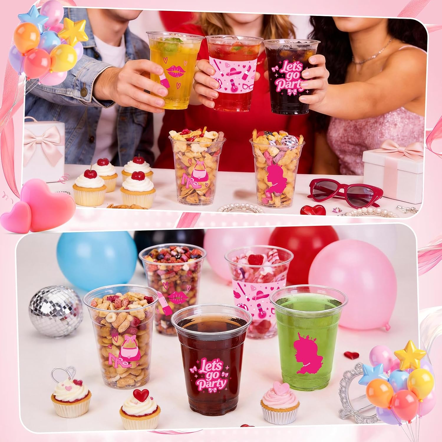 50 Pcs 12 oz Pink Disposable Plastic Cups, Let's go Party Pink Princess Theme Drinking Cups for Home Fashion Princess Theme Birthday Party Supplies Girls Women Adult