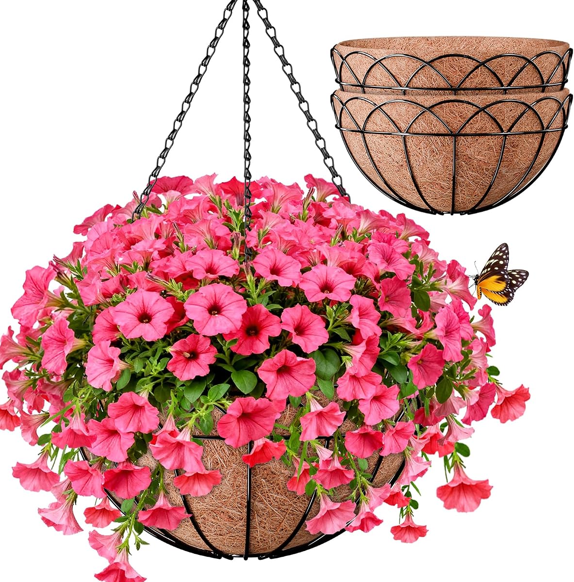 Halatool 2 Pack 14 Inch Hanging Baskets with Coco Liner, Heavy Duty Planter | Rustproof Metal Flower Planters with Chain Hooks, No Tool Needed, Heavy Duty Hanging Pots for Outdoor Patio Balcony Decor