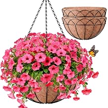 Halatool 2 Pack 14 Inch Hanging Baskets with Coco Liners, Rustproof Metal Flower Planters with Chain Hooks, No Tool Needed Heavy Duty Hanging Pots for Outdoor Patio Balcony Decor