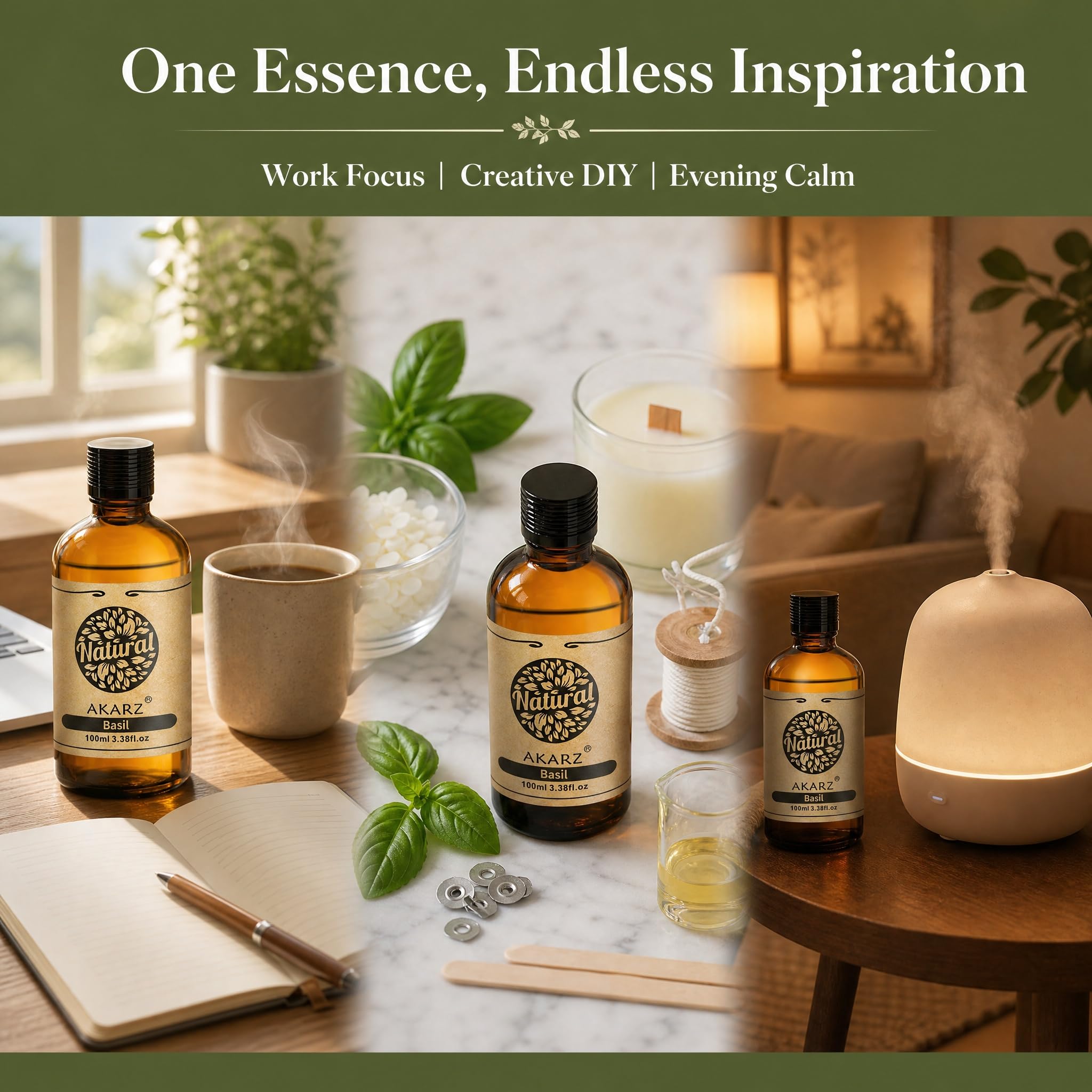 AKARZ 100ml Olejek esencjny z Bazylia - Naturalny olejek aromatyczny do dyfuzorów, lamp aromatycznych i aromatów pomieszczeń