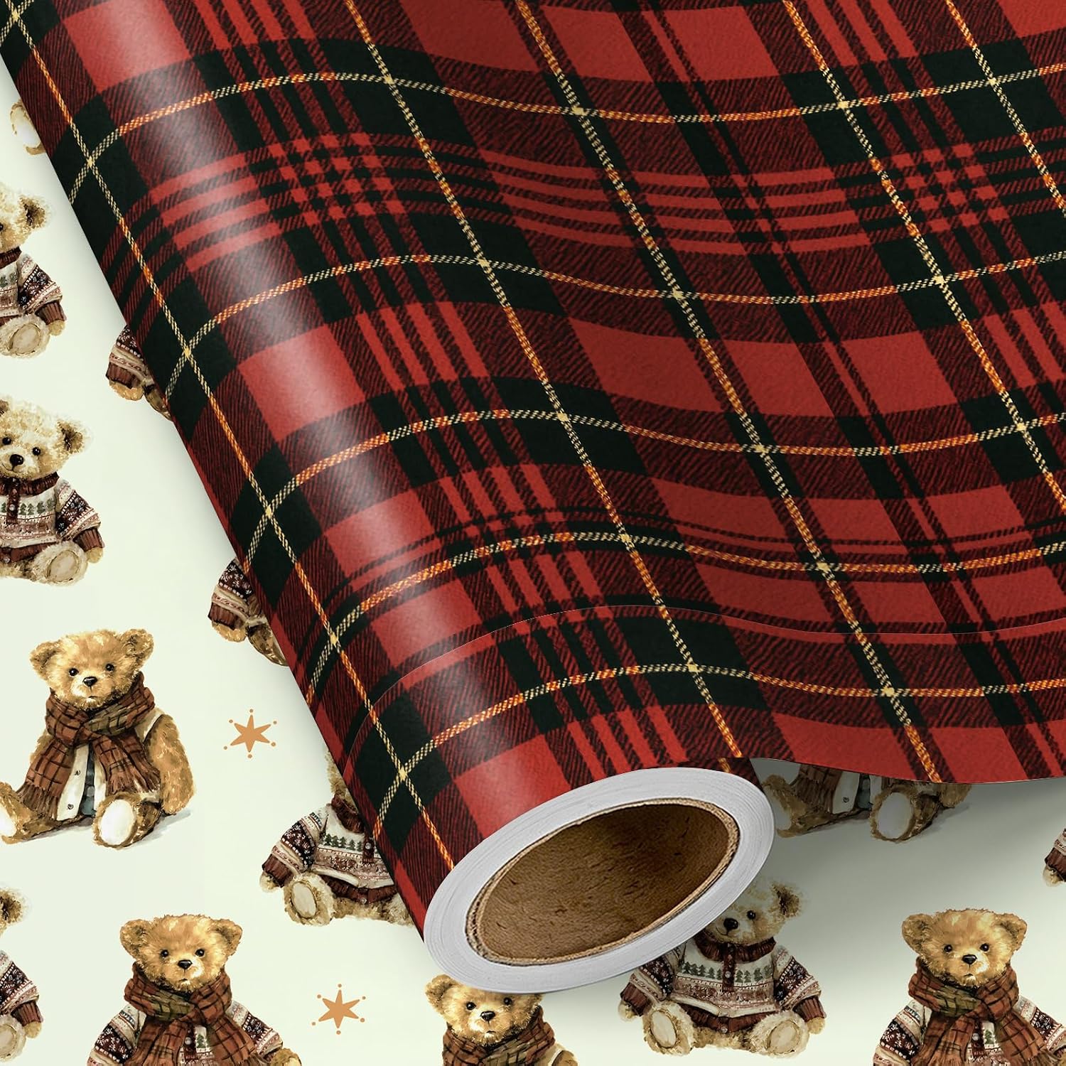 RUSPEPA 30" X 32.8' Reversible Christmas Wrapping Paper Large Paper Roll, Jumbo Roll, Red Green Plaid Tartan and Cute Bear Double Sided Gift Wrap Paper for Kids, Friends, Family, Holiday, Xmas Party image 2