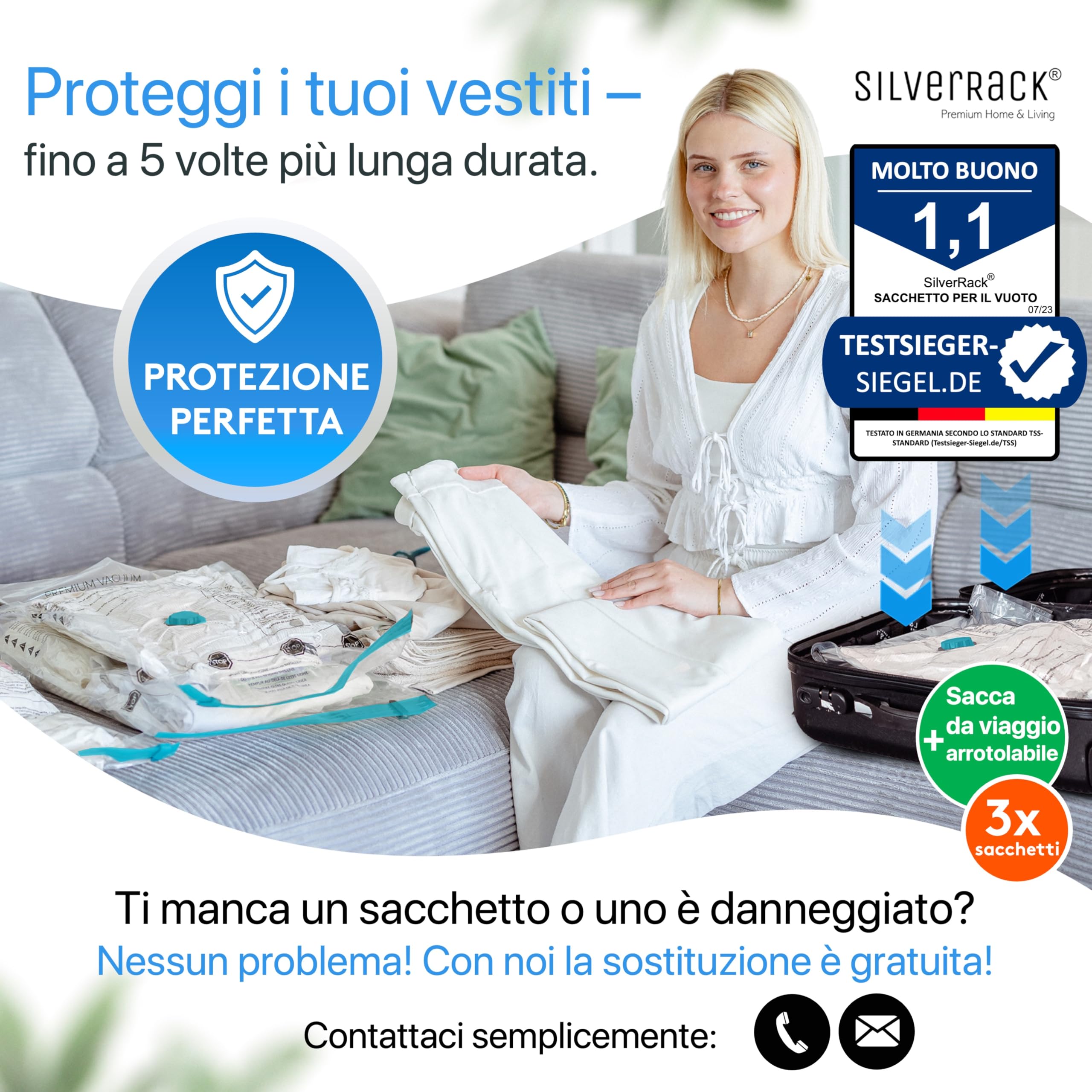 SilverRack XL Jumbo Sacchetti per Sottovuoto per Abbigliamento, Viaggi e Piumini [15 Pezzi] - INCLUSA POMPETTA e ETICHETTE in (3 da 40 x 60 cm (Rotolamento da Viaggio) / 3 da 40 x 60 cm / 3 da 50 x 70