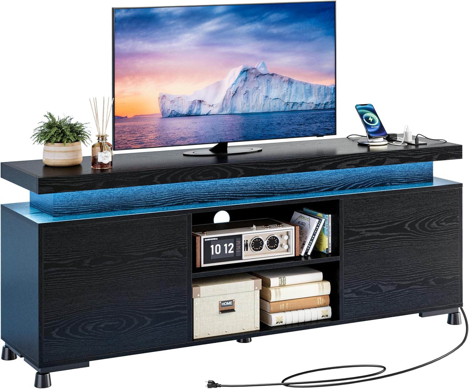 IRONCK TV Stands for TVs 65+ Inch with LED Lights and Power Outlet, Modern TV Console Entertainment Center with Storage Cabinet for Living Room 59 Inch