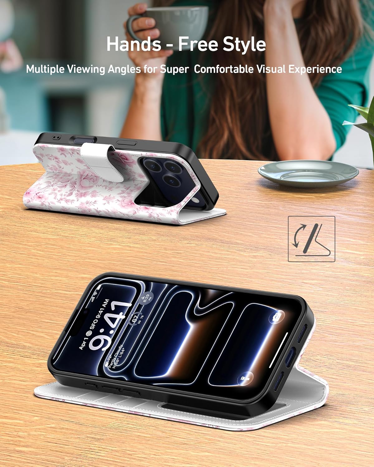 DEENAKIN for iPhone 17 Pro Wallet Case with Card Holder + Cash Clip, RFID-Blocking, Military-Grade Drop Protection, Magnetic Closure with Leather Kickstand - Blooming Pink Roses - Image 3